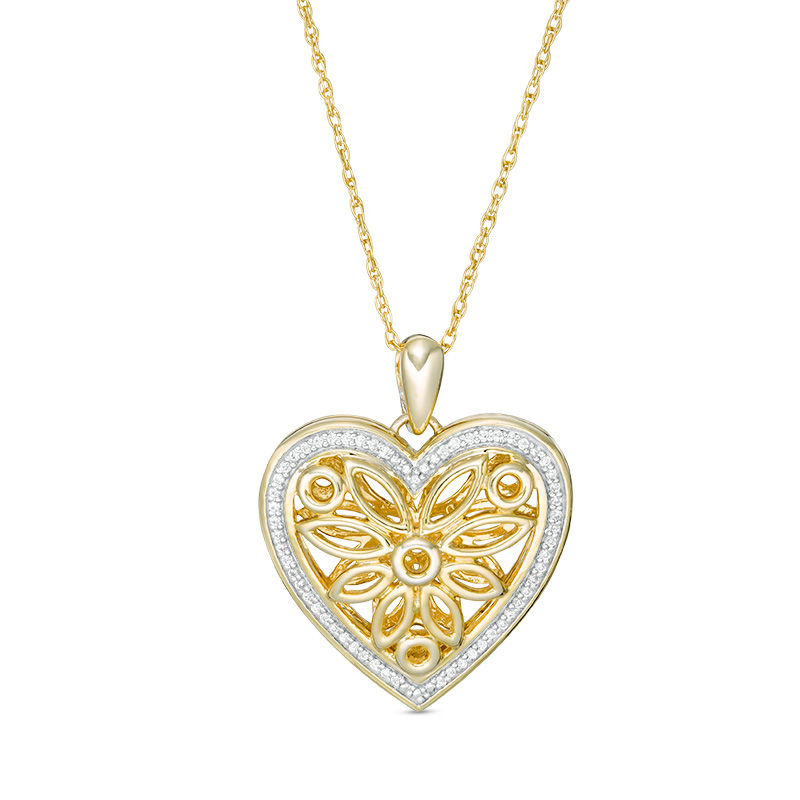 0.086 CT. T.W. Diamond Heart Outline Flower Locket in Sterling Silver with 14K Gold Plate|Peoples Jewellers