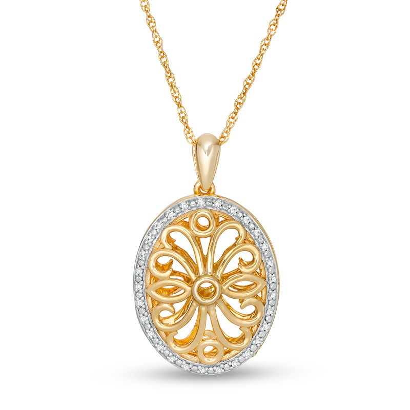 0.066 CT. T.W. Diamond Oval Frame Ornate Locket in Sterling Silver and 14K Gold Plate