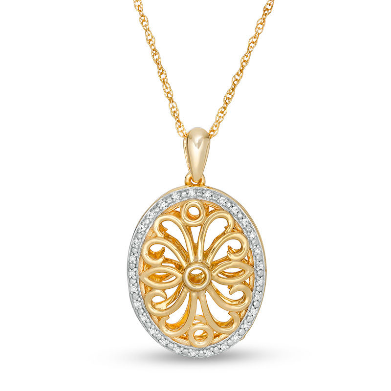 0.066 CT. T.W. Diamond Oval Frame Ornate Locket in Sterling Silver and 14K Gold Plate|Peoples Jewellers