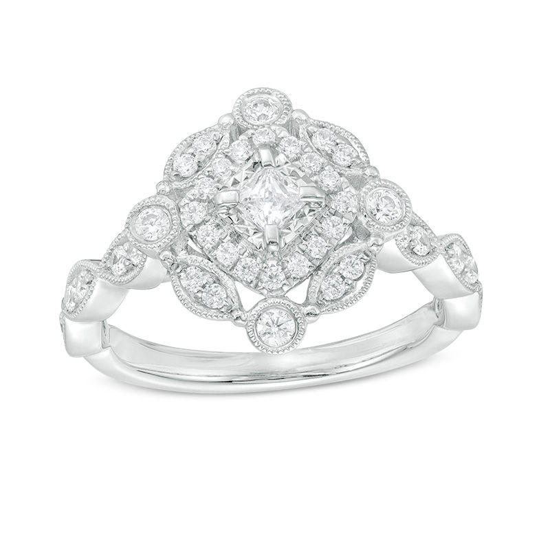 0.50 CT. T.W. Princess-Cut and Round Diamond Vintage-Style Engagement Ring in 10K White Gold