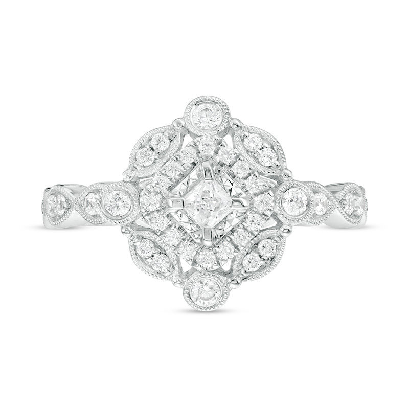 0.50 CT. T.W. Princess-Cut and Round Diamond Vintage-Style Engagement Ring in 10K White Gold