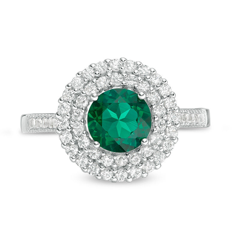 6.5mm Lab-Created Emerald and White Lab-Created Sapphire Double Frame Ring in Sterling Silver