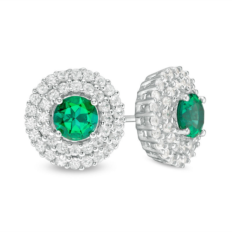 5.0mm Lab-Created Emerald and White Sapphire Double Frame Stud Earrings in Sterling Silver