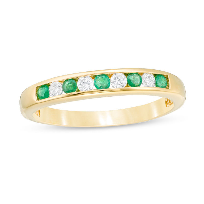 Emerald and 0.115 CT. T.W. Diamond Channel-Set Alternating Stackable Band in 10K Gold