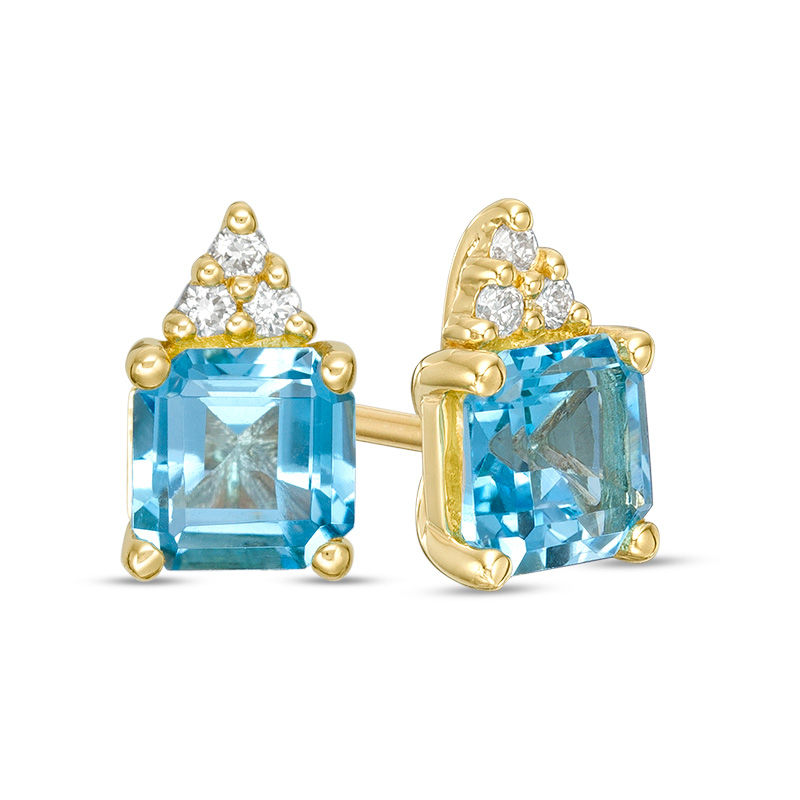 5.0mm Asscher-Cut Swiss Blue Topaz and 0.05 CT. T.W. Diamond Tri-Top Stud Earrings in 10K Gold