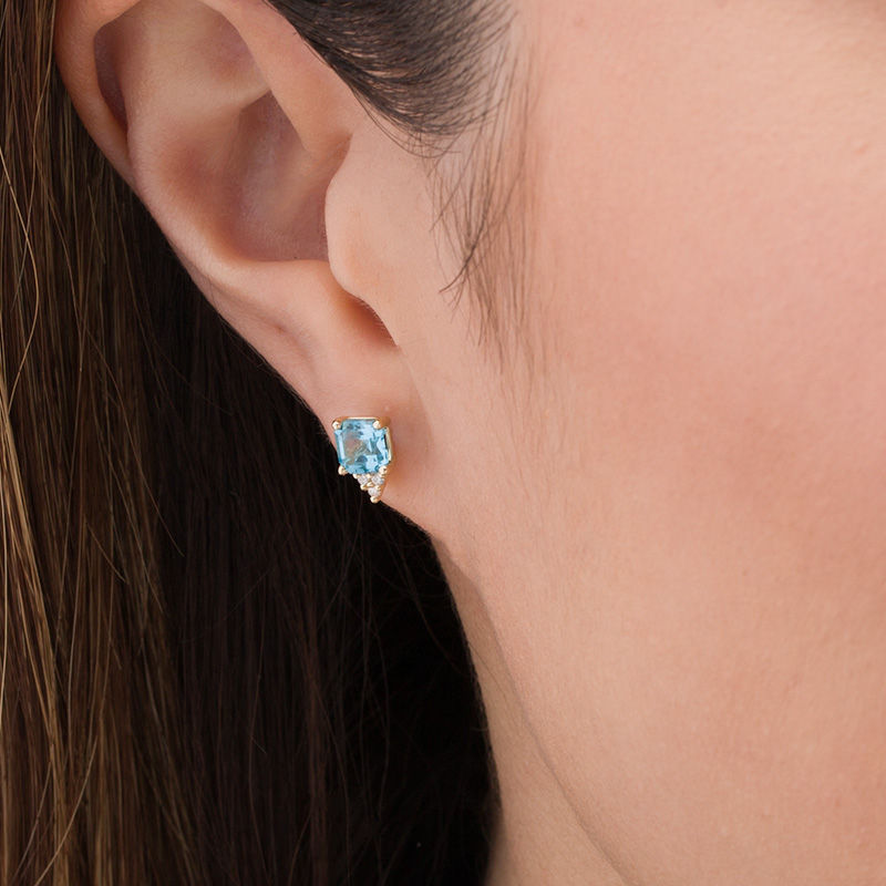 5.0mm Asscher-Cut Swiss Blue Topaz and 0.05 CT. T.W. Diamond Tri-Top Stud Earrings in 10K Gold