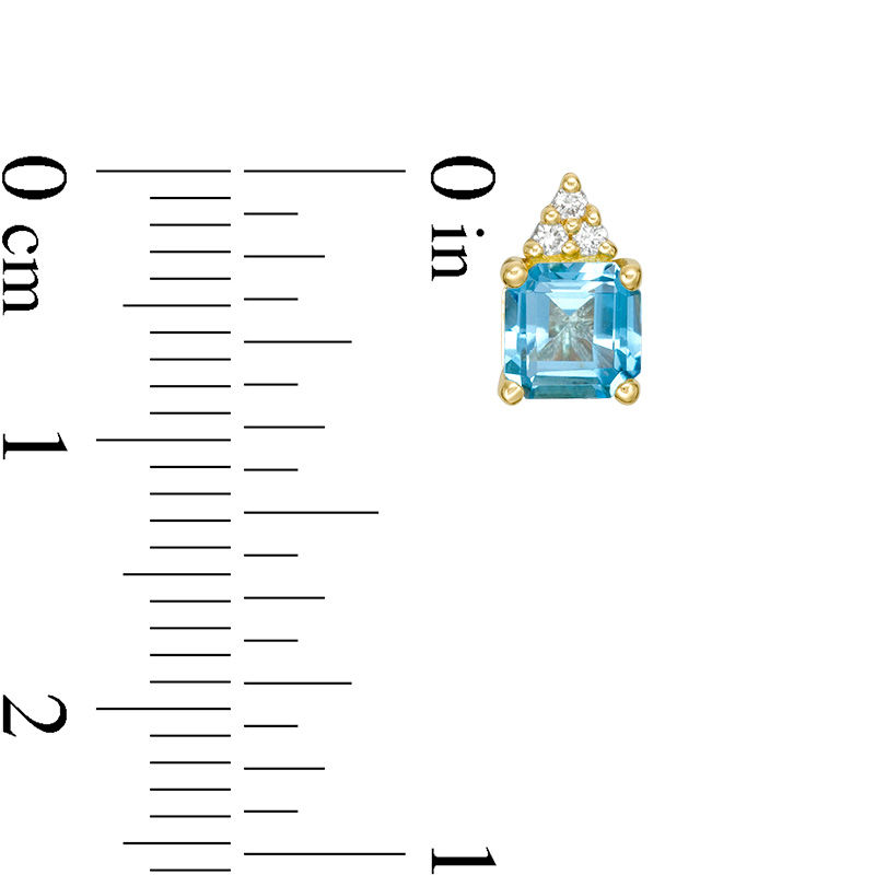 5.0mm Asscher-Cut Swiss Blue Topaz and 0.05 CT. T.W. Diamond Tri-Top Stud Earrings in 10K Gold