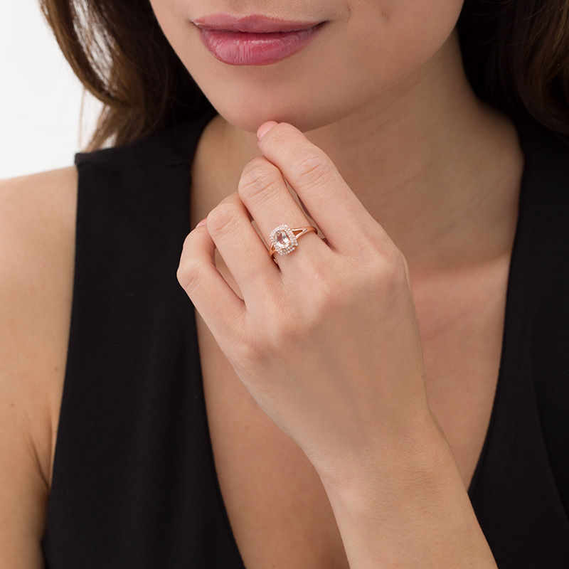 Main Image 2 of Oval Morganite and 0.15 CT. T.W. Diamond Double Cushion Frame Split Shank Ring in 10K Rose Gold