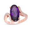 Thumbnail Image 0 of Elongated Oval Amethyst and 0.32 CT. T.W. Diamond Swirl Shank Ring in 10K Rose Gold