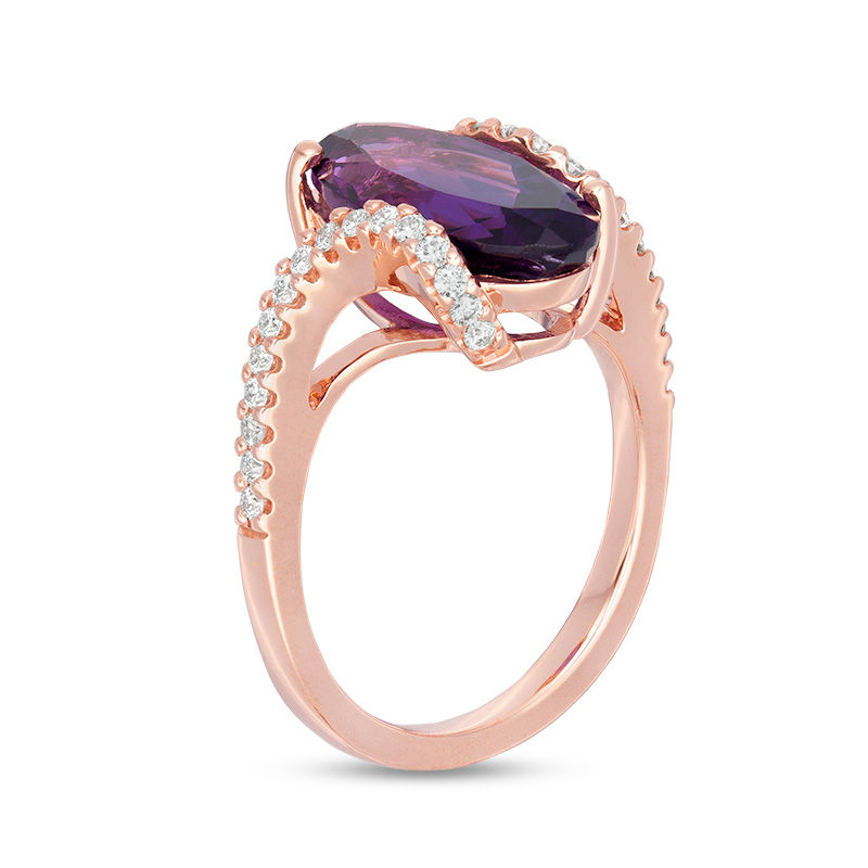 Elongated Oval Amethyst and 0.32 CT. T.W. Diamond Swirl Shank Ring in 10K Rose Gold