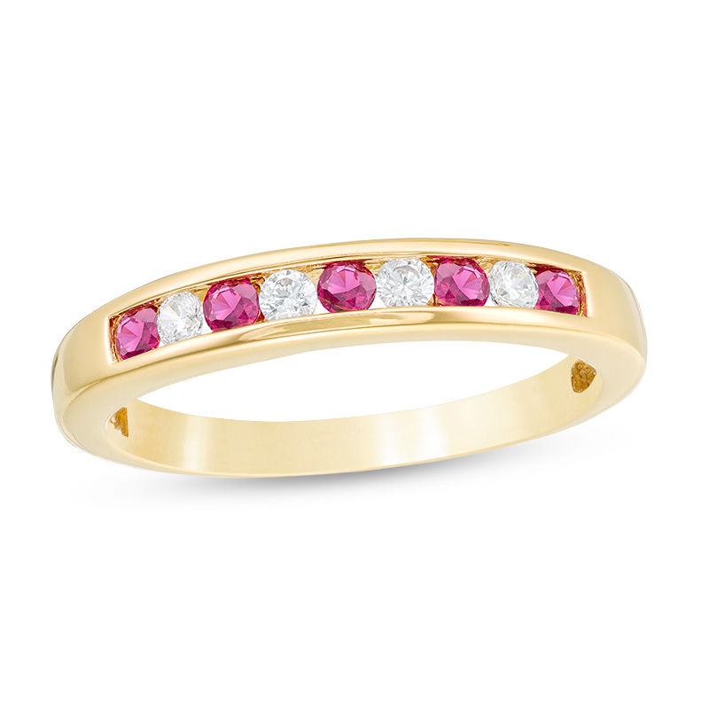 Ruby and 0.115 CT. T.W. Diamond Channel-Set Alternating Stackable Band in 10K Gold