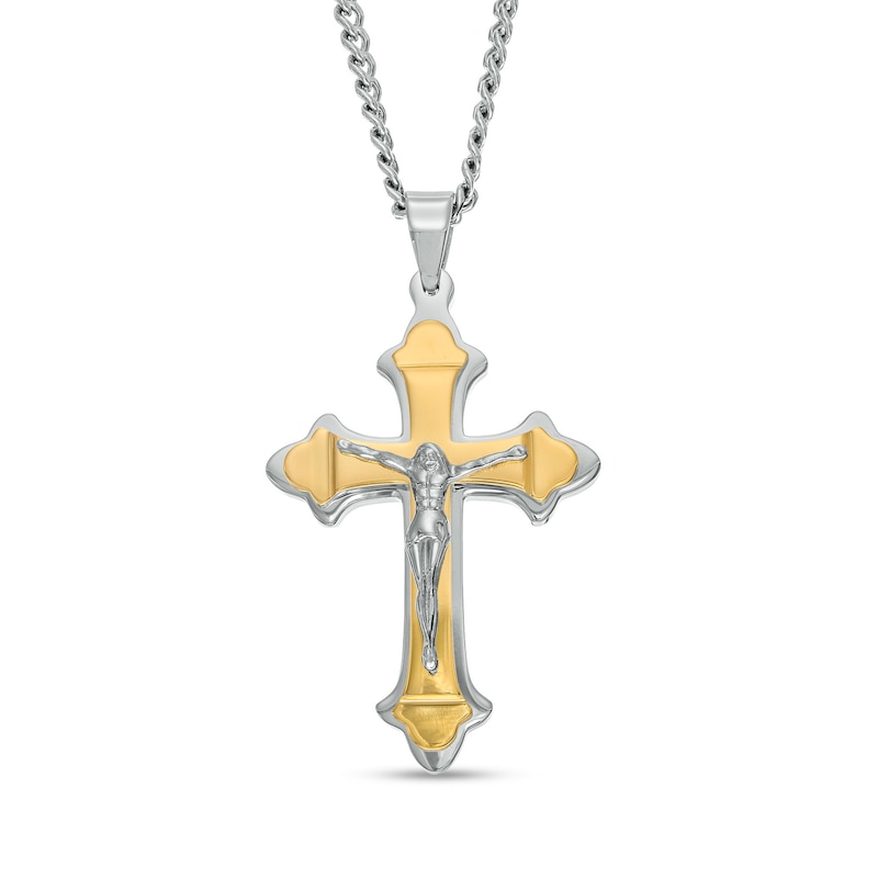 Crucifix Pendant in Stainless Steel with Yellow Ion-Plate – 24"|Peoples Jewellers