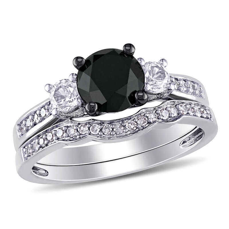 0.87 CT. T.W. Enhanced Black and White Diamond and Lab Created White Sapphire Three Stone Bridal Set in 10K White Gold