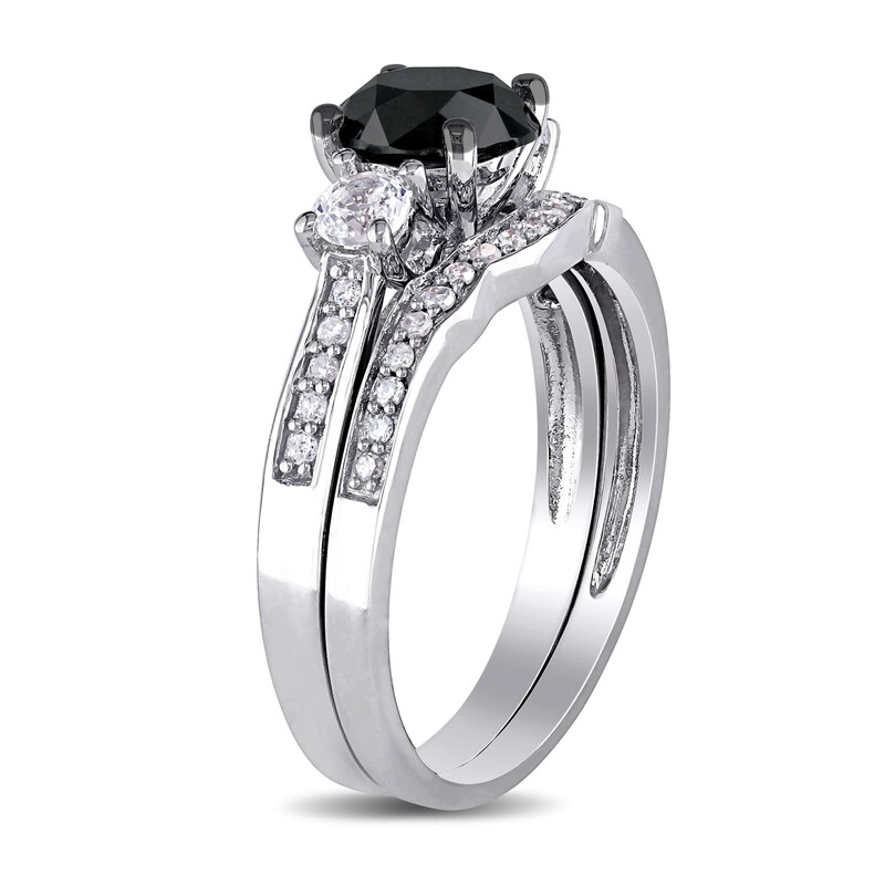 0.87 CT. T.W. Enhanced Black and White Diamond and Lab Created White Sapphire Three Stone Bridal Set in 10K White Gold