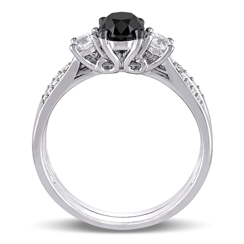 0.87 CT. T.W. Enhanced Black and White Diamond and Lab Created White Sapphire Three Stone Bridal Set in 10K White Gold