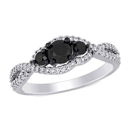 0.99 CT. T.W. Enhanced Black and White Diamond Three Stone Twist Engagement Ring in 14K White Gold