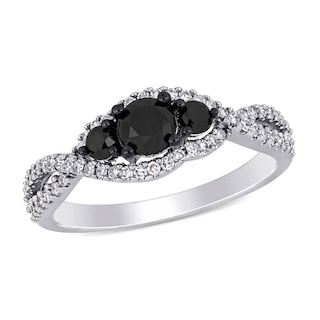 0.99 CT. T.W. Enhanced Black and White Diamond Three Stone Twist Engagement Ring in 14K White Gold