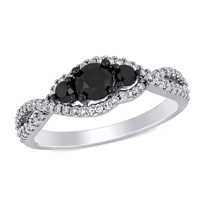 0.99 CT. T.W. Enhanced Black and White Diamond Three Stone Twist Engagement Ring in 14K White Gold
