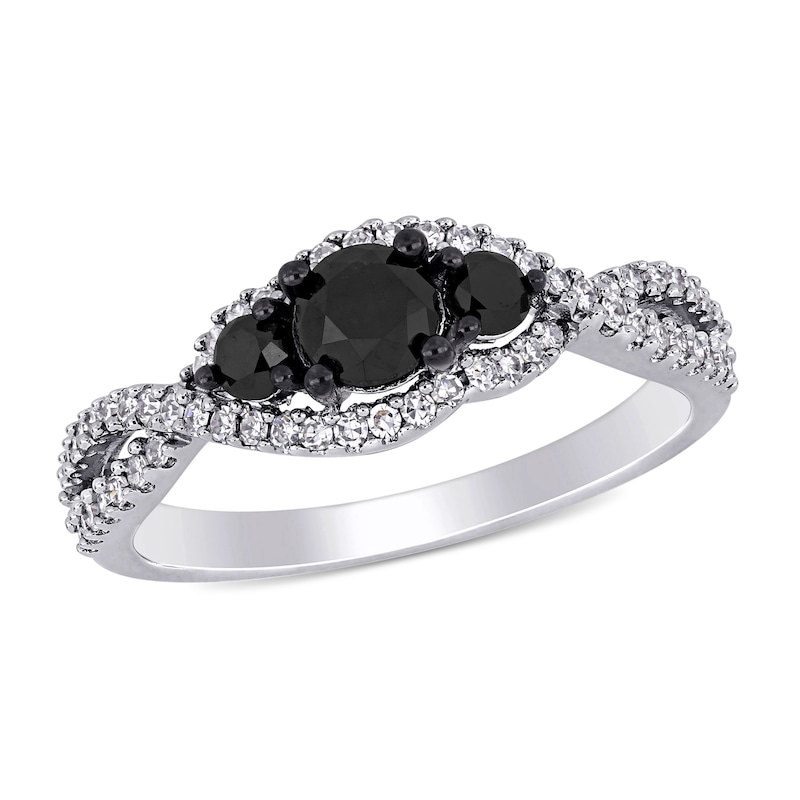 Main Image 1 of 0.99 CT. T.W. Enhanced Black and White Diamond Three Stone Twist Engagement Ring in 14K White Gold
