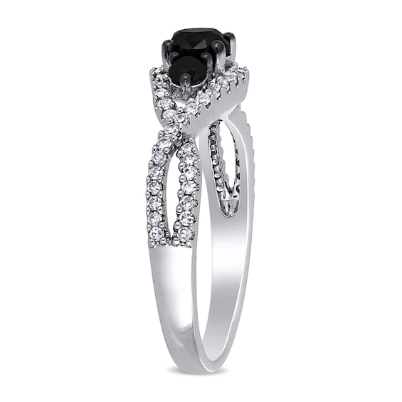 0.99 CT. T.W. Enhanced Black and White Diamond Three Stone Twist Engagement Ring in 14K White Gold