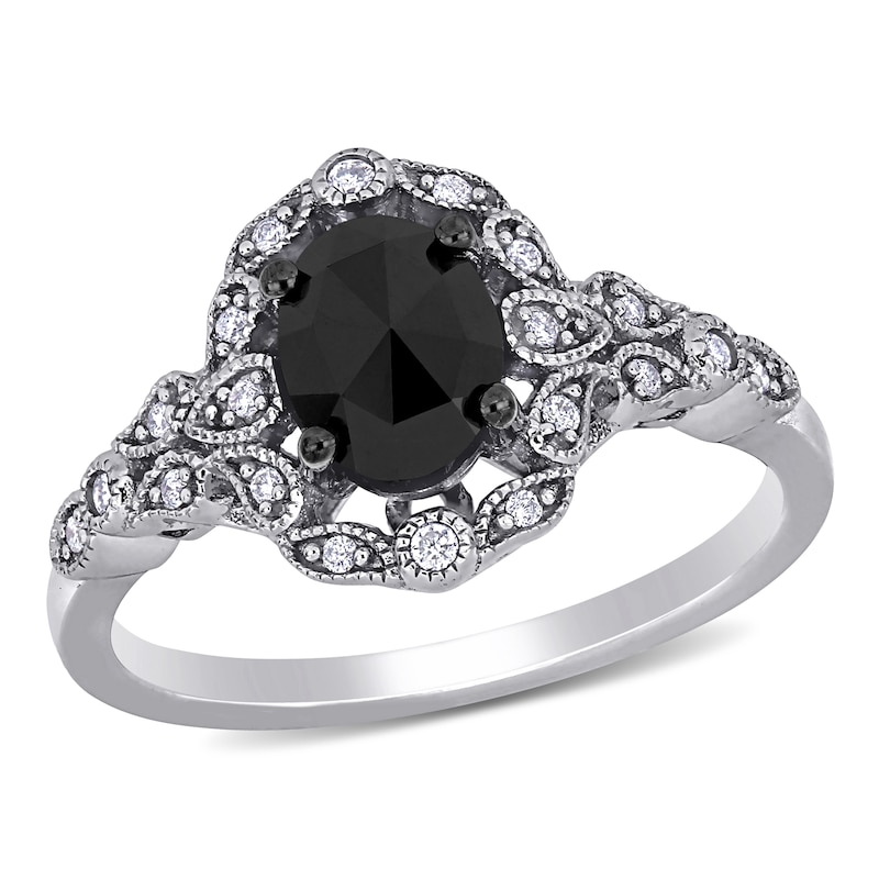 1.04 CT. T.W. Oval Enhanced Black and White Diamond Frame Vintage-Style Engagement Ring in 14K White Gold