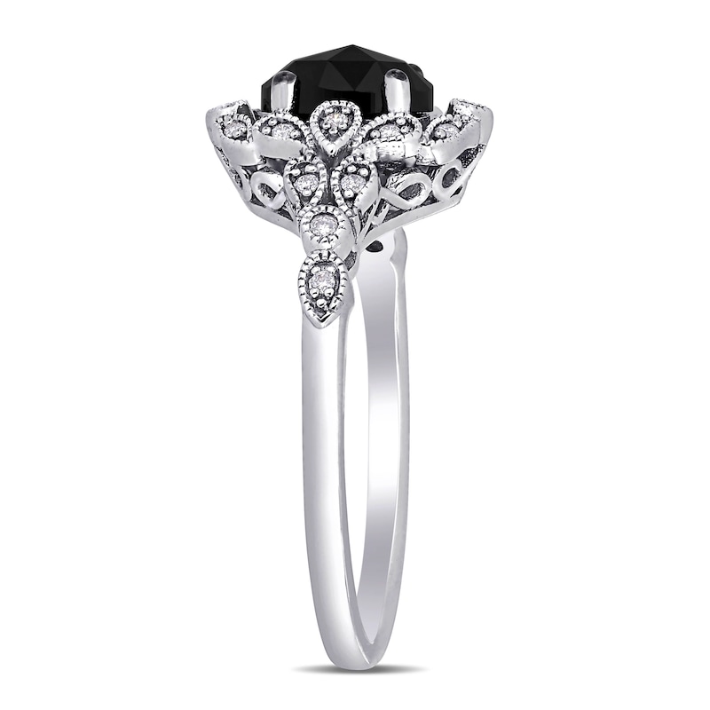 1.04 CT. T.W. Oval Enhanced Black and White Diamond Frame Vintage-Style Engagement Ring in 14K White Gold