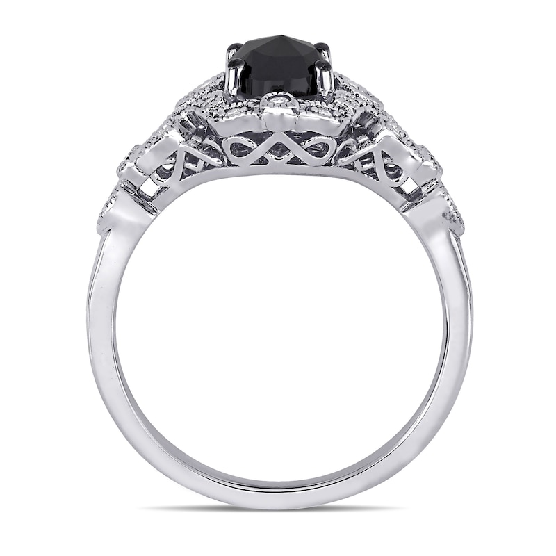 1.04 CT. T.W. Oval Enhanced Black and White Diamond Frame Vintage-Style Engagement Ring in 14K White Gold