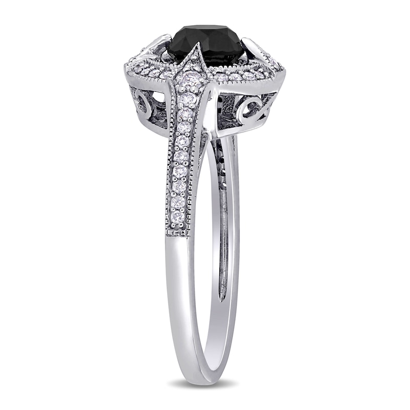 Main Image 3 of 1.21 CT. T.W. Enhanced Black and White Diamond Frame Vintage-Style Engagement Ring in 14K White Gold