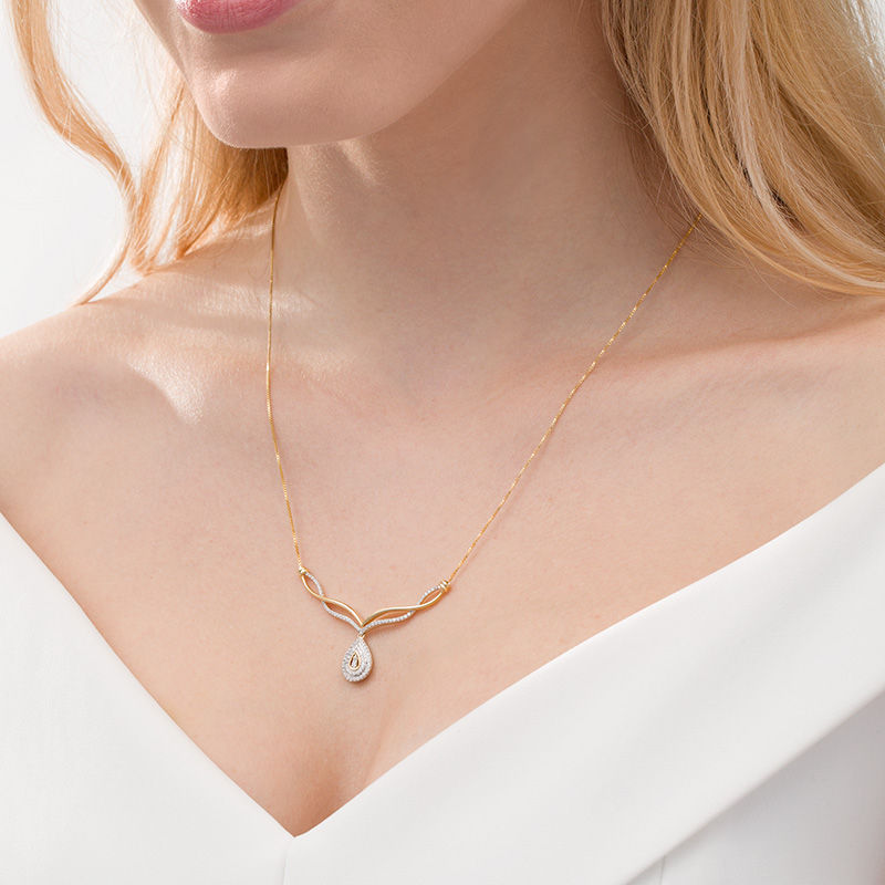 Main Image 2 of 0.29 CT. T.W. Diamond Twist Chevron with Teardrop Necklace in 10K Gold - 16.75"