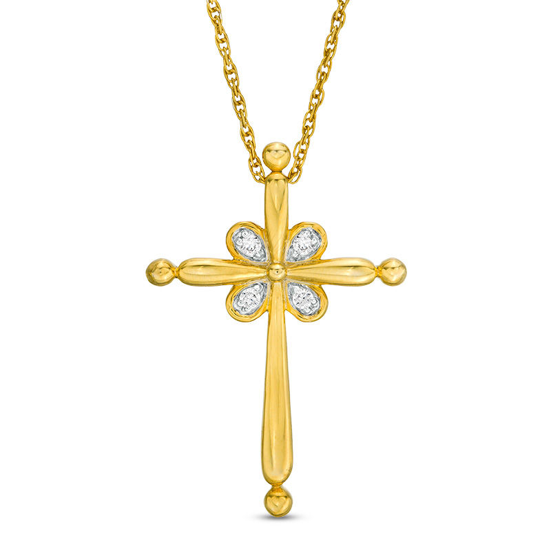 0.04 CT. T.W. Diamond Flower Cross Pendant in 10K Gold|Peoples Jewellers