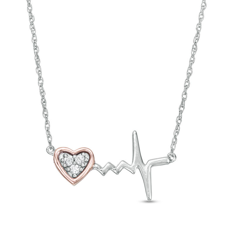 0.04 CT. T.W. Diamond Heart and Heartbeat Necklace in Sterling Silver and 10K Rose Gold|Peoples Jewellers