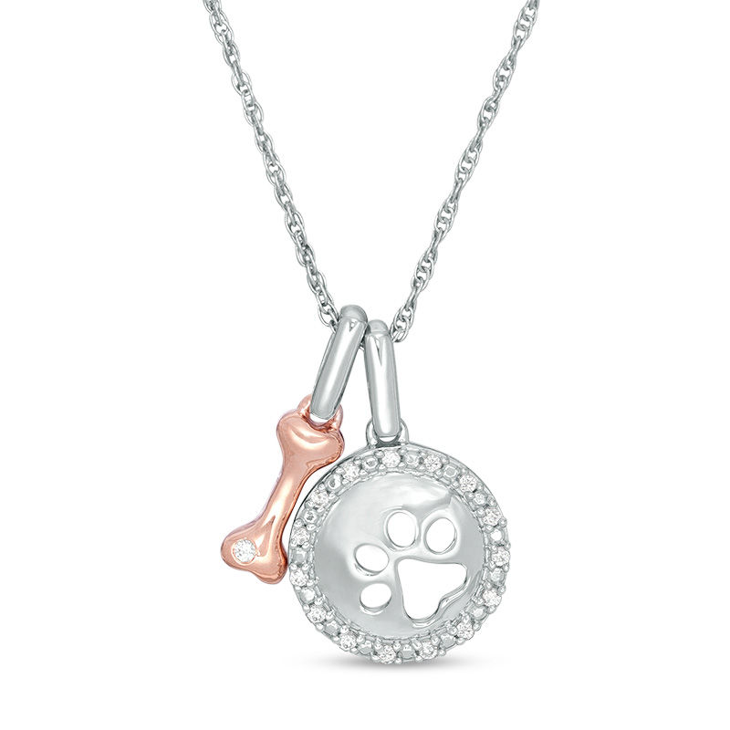 0.065 CT. T.W. Diamond Paw Print Disc and Dog Bone Charm Pendant in Sterling Silver and 10K Rose Gold|Peoples Jewellers