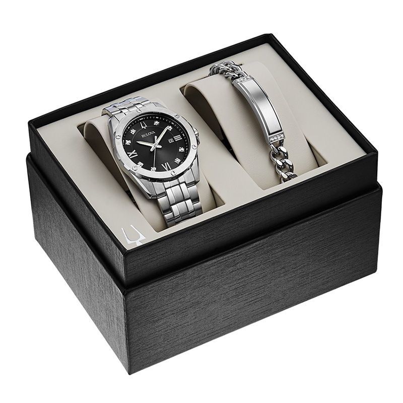 Men's Exclusive Bulova Diamond Accent Watch and ID Bracelet Box Set (Model: 96K106)