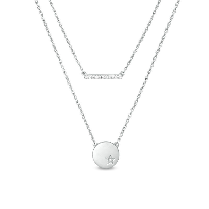 0.065 CT. T.W. Diamond Bar and Disc with Star Double Strand Necklace in Sterling Silver - 20"