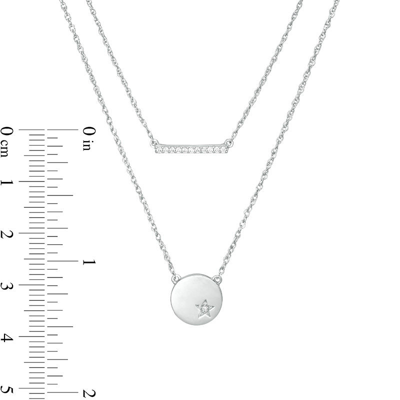 Main Image 3 of 0.065 CT. T.W. Diamond Bar and Disc with Star Double Strand Necklace in Sterling Silver - 20&quot;