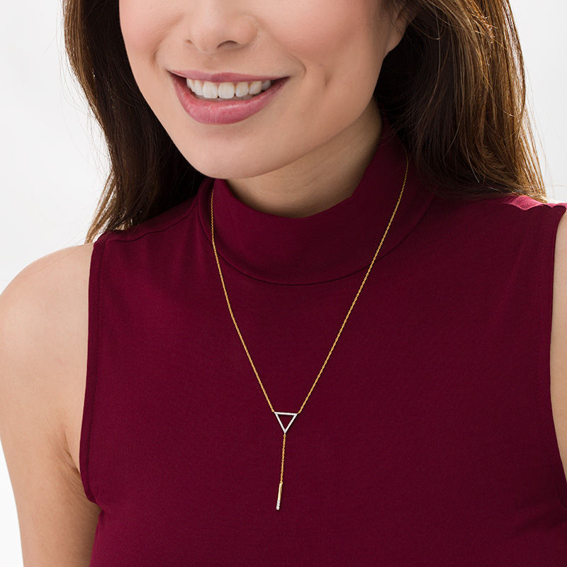 Main Image 2 of 0.18 CT. T.W. Diamond Triangle Outline "Y" Necklace in 10K Gold - 19"