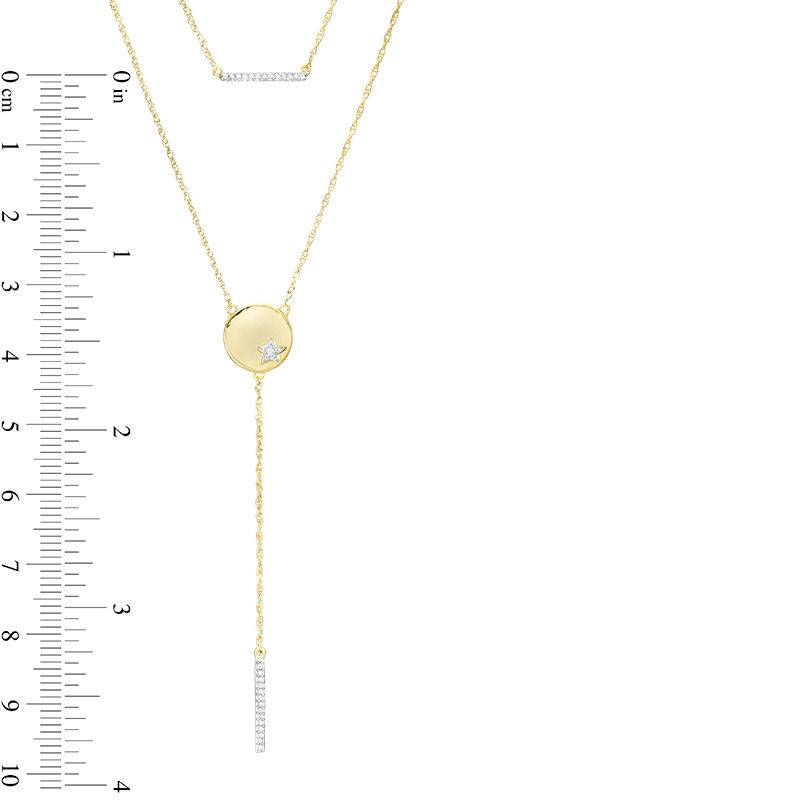 Main Image 3 of 0.085 CT. T.W. Diamond Bar and Disc with Star Double Strand Necklace in 10K Gold - 22"