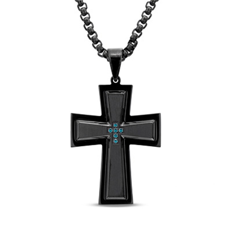 Main Image 1 of Men's 0.05 CT. T.W. Enhanced Blue Diamond Cross Pendant in Black IP Stainless Steel - 24"