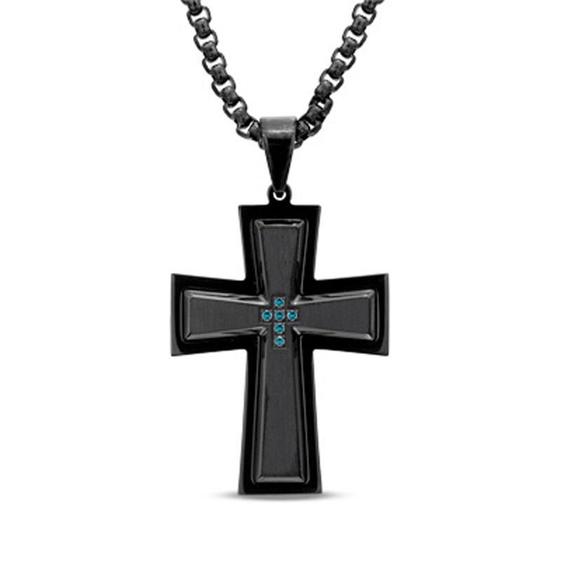 Men's 0.05 CT. T.W. Enhanced Blue Diamond Cross Pendant in Black IP Stainless Steel - 24"|Peoples Jewellers