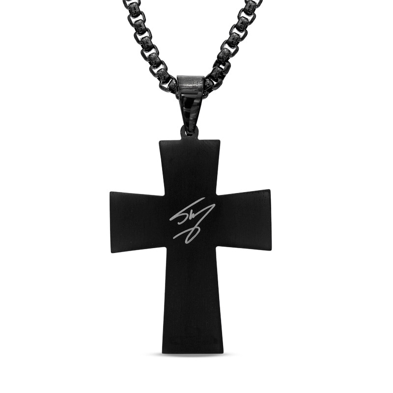 Main Image 2 of Men's 0.05 CT. T.W. Enhanced Blue Diamond Cross Pendant in Black IP Stainless Steel - 24"