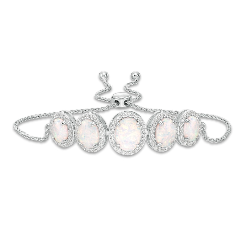 Graduated Oval Lab-Created Opal and White Sapphire Frame Five Stone Bolo Bracelet in Sterling Silver - 9.0"