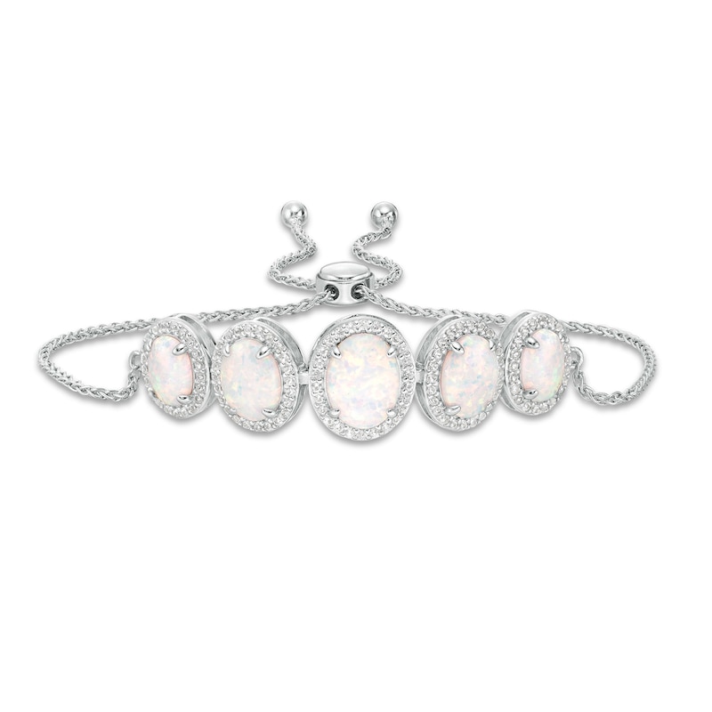 Main Image 1 of Graduated Oval Lab-Created Opal and White Sapphire Frame Five Stone Bolo Bracelet in Sterling Silver - 9.0"