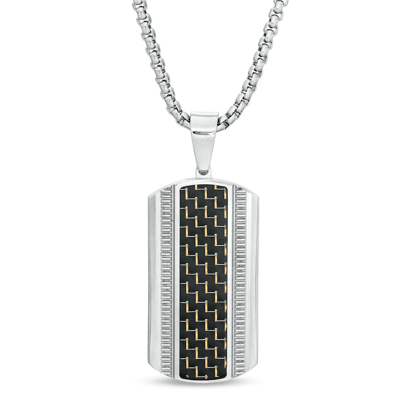 Men's Carbon Fiber Coin Stripe Dog Tag Pendant in Stainless Steel - 24"|Peoples Jewellers
