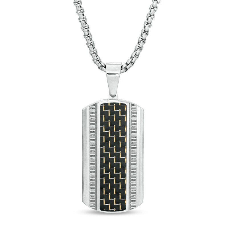 Men's Carbon Fiber Coin Stripe Dog Tag Pendant in Stainless Steel - 24"
