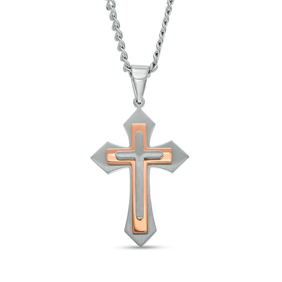 Men's Layered Cross Pendant in Stainless Steel with Rose Ion-Plate – 24"