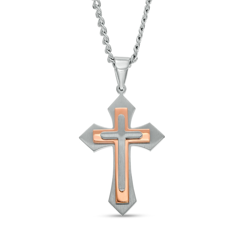 Men's Layered Cross Pendant in Stainless Steel with Rose Ion-Plate – 24"|Peoples Jewellers
