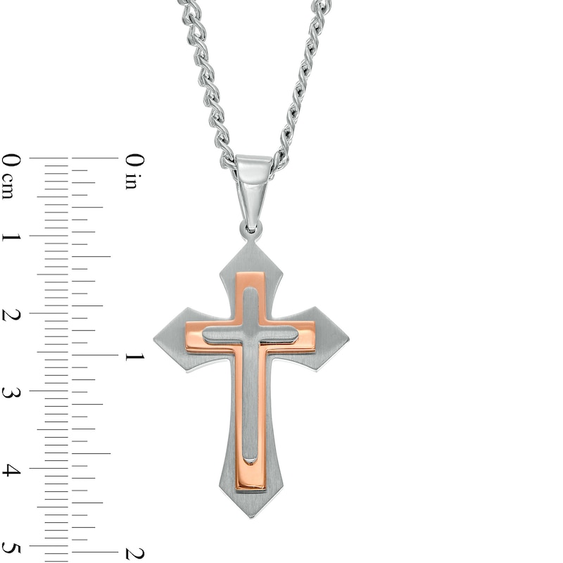 Main Image 2 of Men's Layered Cross Pendant in Stainless Steel with Rose Ion-Plate – 24"