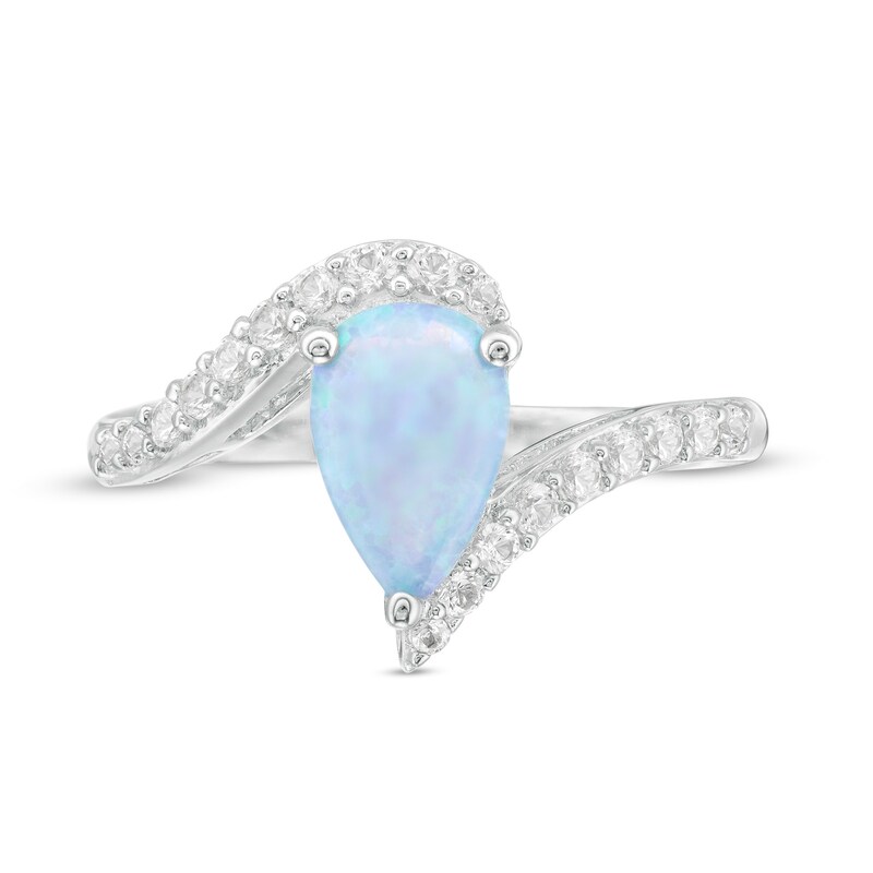 Pear-Shaped Lab-Created Blue Opal and White Sapphire Bypass Ring in Sterling Silver