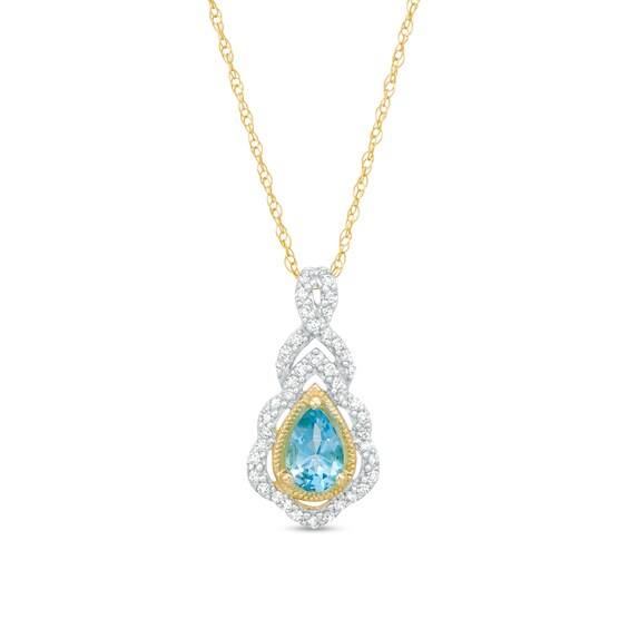 Pear-Shaped Swiss Blue Topaz and 0.15 CT. T.W. Diamond Scallop Frame Ornate Pendant in 10K Gold
