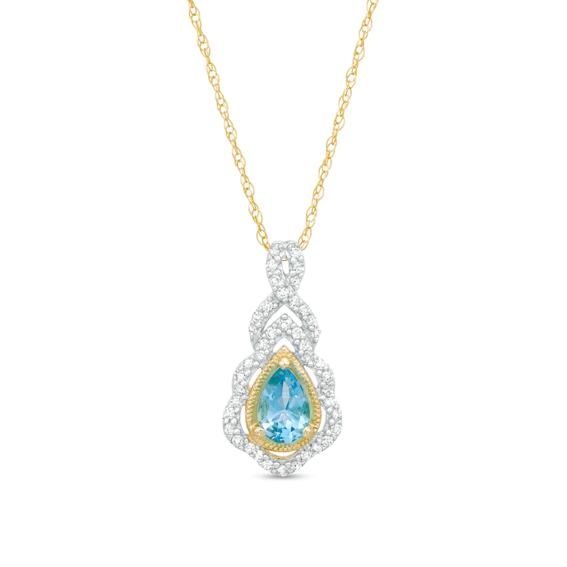 Pear-Shaped Swiss Blue Topaz and 0.15 CT. T.W. Diamond Scallop Frame Ornate Pendant in 10K Gold